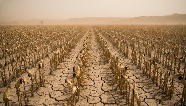 Климатические потрясения: голод и убытки угрожают фермерам Африки Поле с высохшими, пожелтевшими стеблями кукурузы на растрескавшейся от засухи земле. Урожай погиб от нехватки воды.