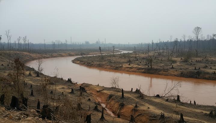 Река с мутной красно-коричневой водой, загрязненная стоками от добычи полезных ископаемых, протекает через вырубленный лес.
