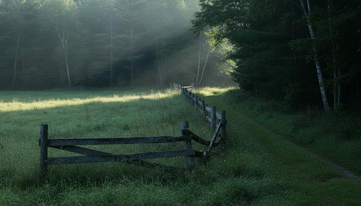 Нападение клещей: фермеры США столкнулись с растущей угрозой Деревянный забор на ферме в Вермонте, отделяющий пастбище от густого леса, с высокой травой у кромки поля.