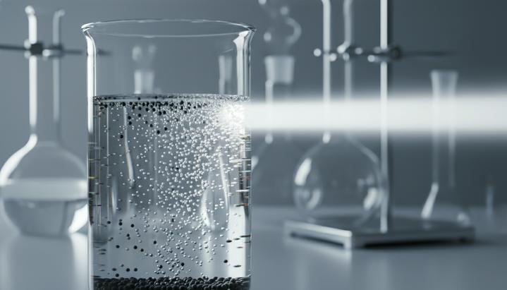 Стеклянный стакан с водой и наночастицами в лаборатории. Яркий луч света вызывает образование пузырьков водорода.