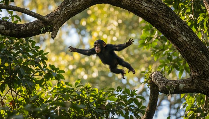 Маленький детеныш шимпанзе в прыжке между ветвями деревьев высоко в кронах тропического леса.