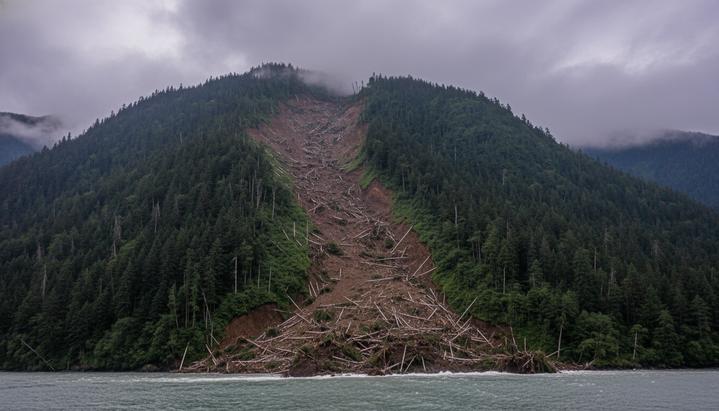 Смертоносные оползни: в США признали угрозу «небесных рек» Последствия мощного оползня на склоне лесистой горы на Аляске. Широкий след из грязи и поваленных деревьев спускается к воде.