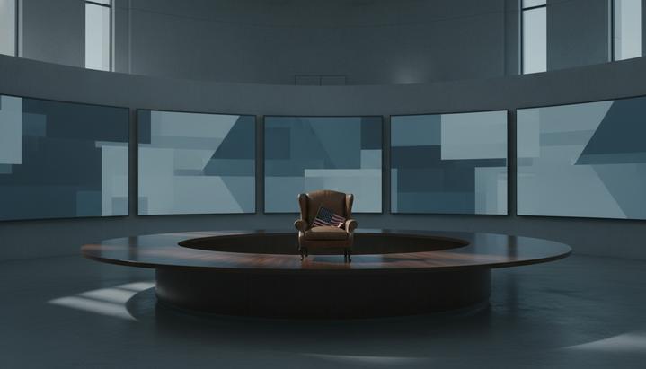 Пустое кресло с флагом США в большом зале для международных переговоров, символизирующее выход страны из климатического соглашения.