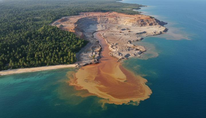 Вид с воздуха на тропический остров, где сточные воды от никелевого рудника окрашивают океан в красно-коричневый цвет.