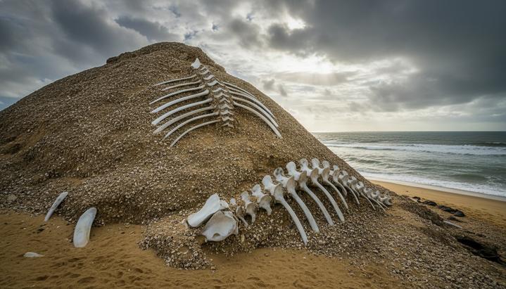 Древний ракушечный курган (самбаки) на побережье Бразилии. Из песка и ракушек торчат огромные кости кита. На заднем плане – Атлантический океан.