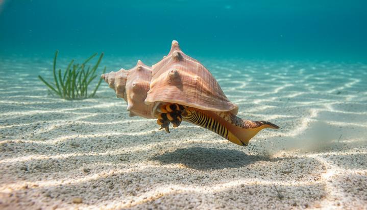 Гигантская морская улитка стромбус на песчаном дне в прозрачной воде. Моллюск запечатлен в движении, отталкиваясь от дна своей мускулистой ногой.