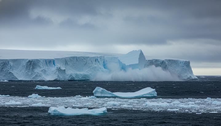 Массивный айсберг откалывается от ледяного шельфа ледника Туэйтса и падает в бурные воды моря Амундсена в Антарктиде.