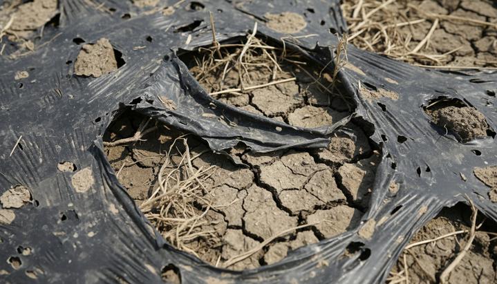 Остатки рваной пластиковой пленки в сухой потрескавшейся земле на сельскохозяйственном поле, смешанные с корнями растений.