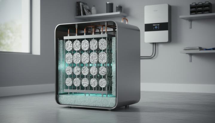 Современный тепловой аккумулятор в подсобном помещении, в разрезе видны алюминиевые ребра для хранения тепла в солевом гидрате.