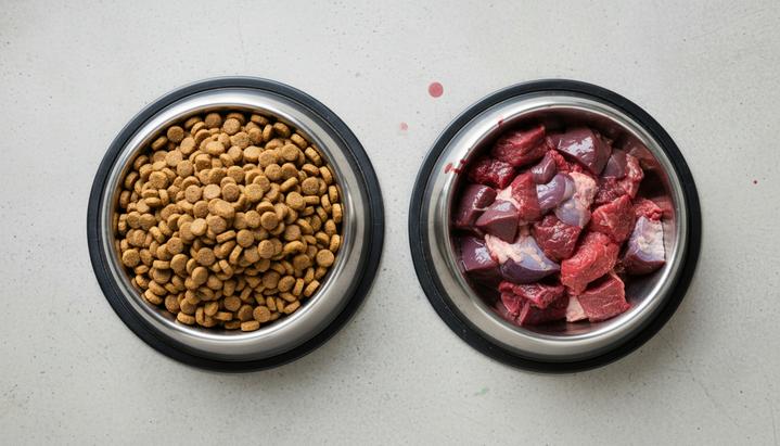 Две металлические миски для собак стоят рядом. В одной – сухой корм, в другой – куски сырого мяса и субпродуктов.