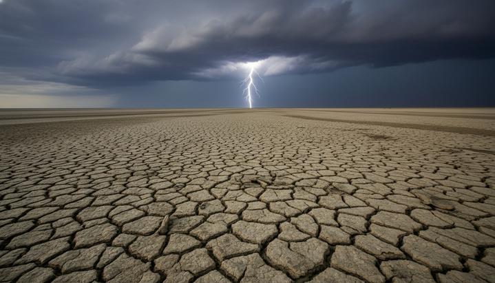 Уроки палеогена: потепление сделает дожди более редкими и яростными Огромное пересохшее русло реки с глубокими трещинами в земле. На горизонте собираются темные грозовые тучи, и молния ударяет в землю.