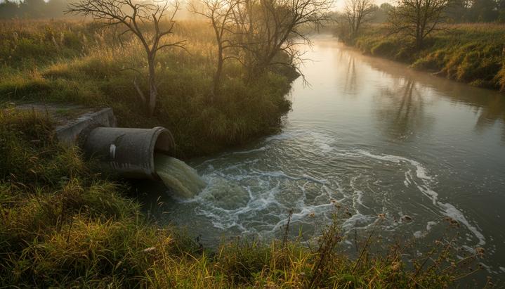 Бетонная сточная труба, из которой мутная вода сливается в спокойную реку на рассвете. Берег реки зарос травой и деревьями.