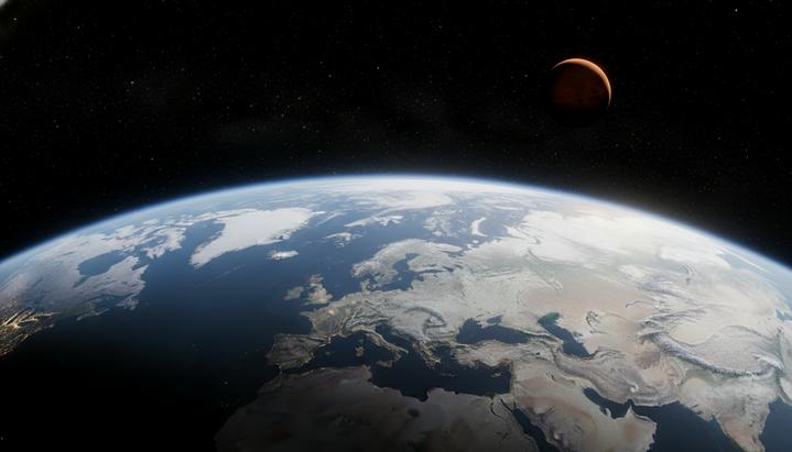 Планета Земля с увеличенными полярными ледниками, видимая из космоса. На заднем плане в темном небе видна красная планета Марс.