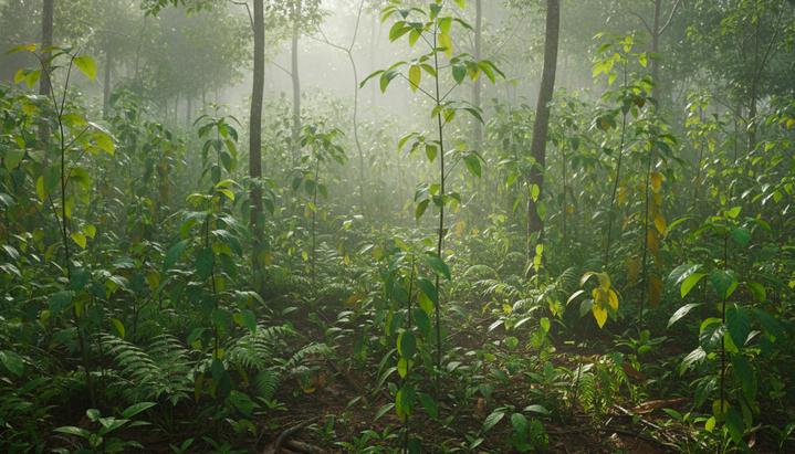 Молодые деревья и саженцы в восстанавливающемся тропическом лесу. Солнечные лучи пробиваются сквозь листву на влажную почву.