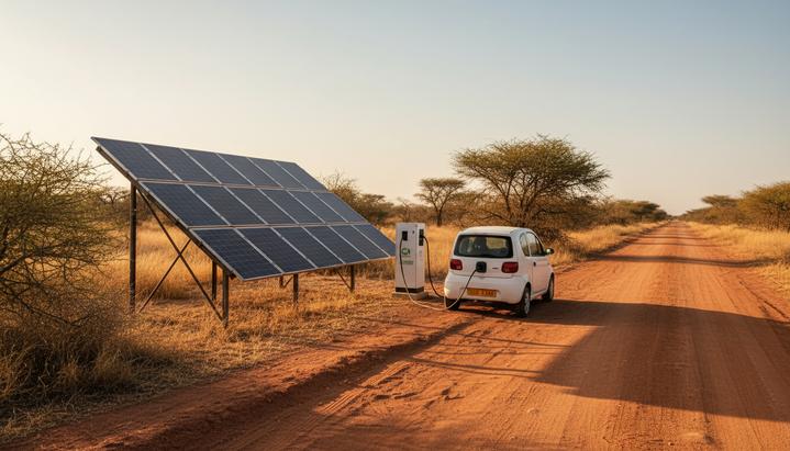 Электромобили для Африки: солнечная энергия меняет правила игры Автономная зарядная станция с солнечными панелями для электромобиля на проселочной дороге в африканской саванне.