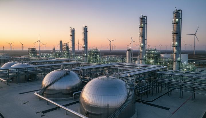 Современный завод по производству зеленого аммиака на рассвете. Большие сферические резервуары, трубы и ветряные турбины на фоне.
