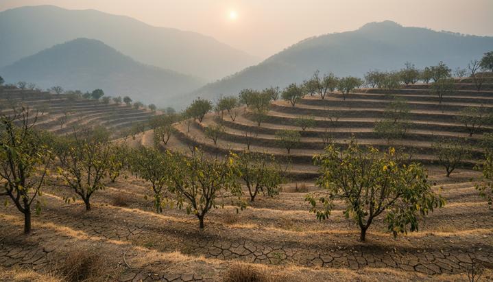Авокадовая плантация на террасном склоне горы в Индии. Часть деревьев выглядит сухими под знойным солнцем.
