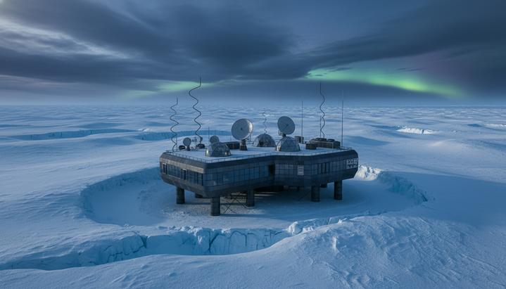 Современная научная станция с антеннами и куполами посреди бескрайней снежной пустыни в Антарктиде под драматичным небом.