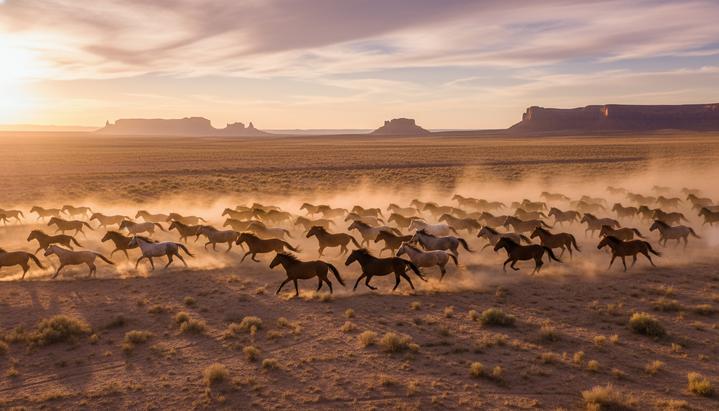 Табун диких лошадей-мустангов мчится по засушливой пыльной равнине на американском Западе на фоне заката и далеких скал.