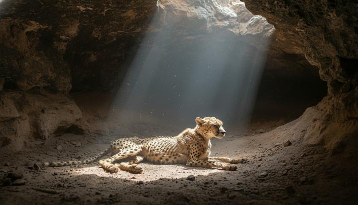 Мумифицированный гепард, лежащий на полу темной скалистой пещеры в Аравийской пустыне. Сухой, хорошо сохранившийся труп древнего хищника.