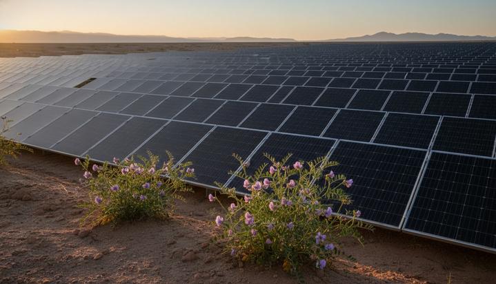 Солнечные панели в пустыне, между которыми на влажной песчаной почве растут небольшие цветущие растения астрагала.