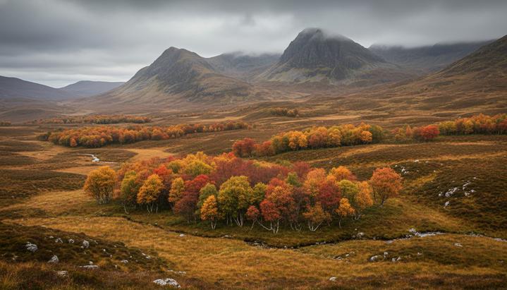 Холмистый пейзаж Шотландского нагорья с зарослями карликовой березы на вересковых пустошах у подножия туманных гор.