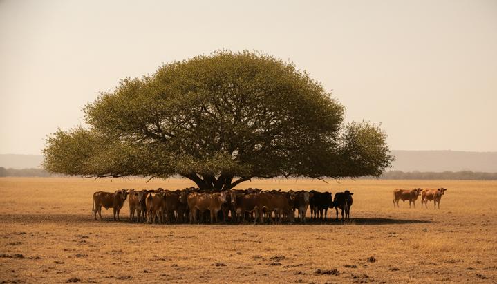 Стадо коров на выжженном солнцем пастбище в Южной Америке. Часть животных прячется в тени большого дерева.