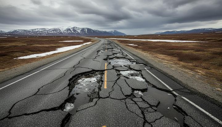 Асфальтовая дорога, разрушенная и просевшая из-за таяния вечной мерзлоты в тундре Аляски, на фоне далеких заснеженных гор.