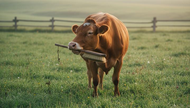 Бурая швицкая корова на зеленом лугу держит во рту щетку и чешет себе спину, на заднем плане виден деревянный забор.