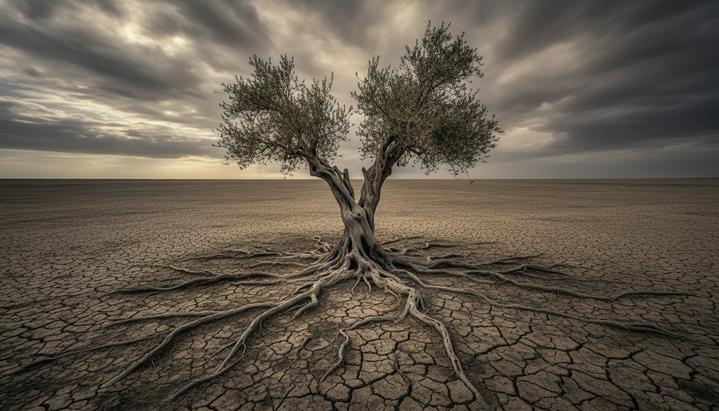 Одинокое старое узловатое дерево с мощными корнями стоит посреди растрескавшейся сухой земли под пасмурным небом.