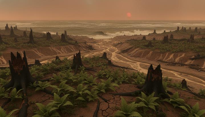 Выжженная земля с обугленными пнями хвойного леса, среди которых прорастают папоротники. Глубокие овраги от эрозии ведут к мутному морю на фоне туманного оранжевого неба.