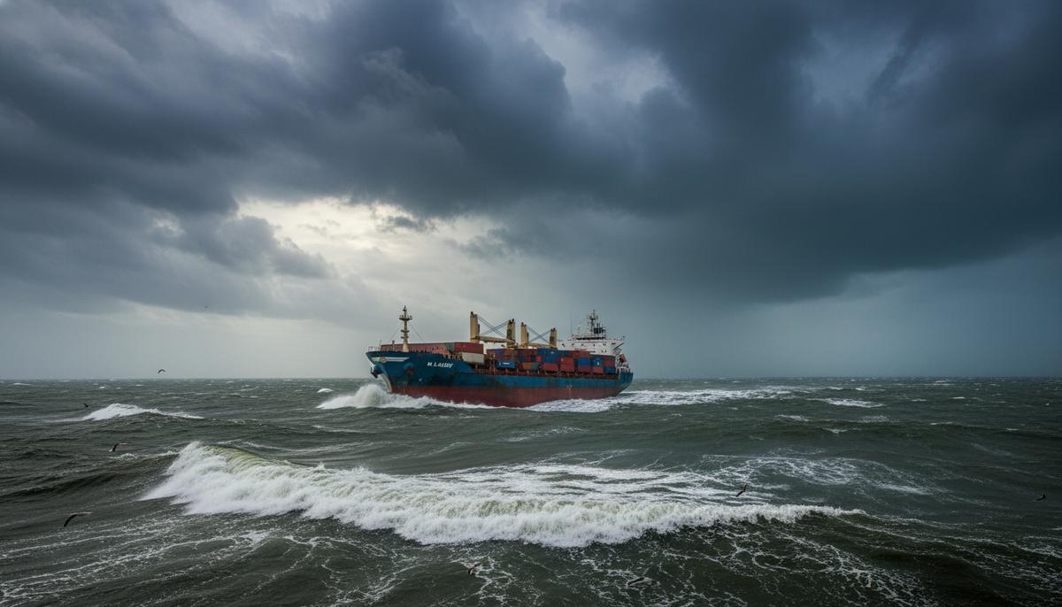 Чистый воздух над океаном: как борьба с выбросами снизила число молний Большой грузовой корабль в неспокойном океане под тяжелым, пасмурным небом на горизонте.