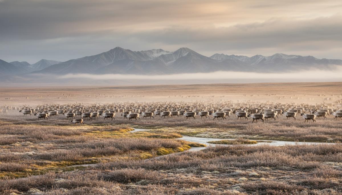 Арктические карибу: популяция в центре нефтяных споров сократилась на треть Большое стадо северных оленей карибу пересекает бескрайнюю арктическую тундру на Аляске на фоне далеких заснеженных гор.