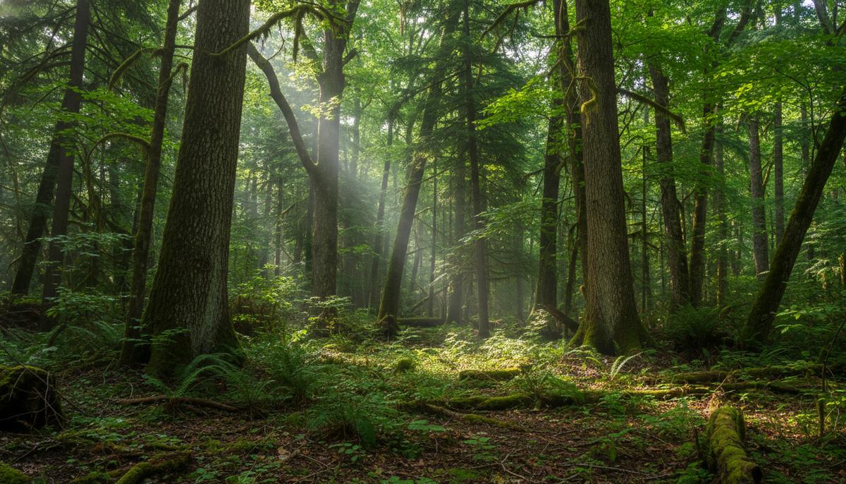 Густой лиственный лес с высокими деревьями и молодой порослью, через густую зеленую крону пробиваются лучи солнца.