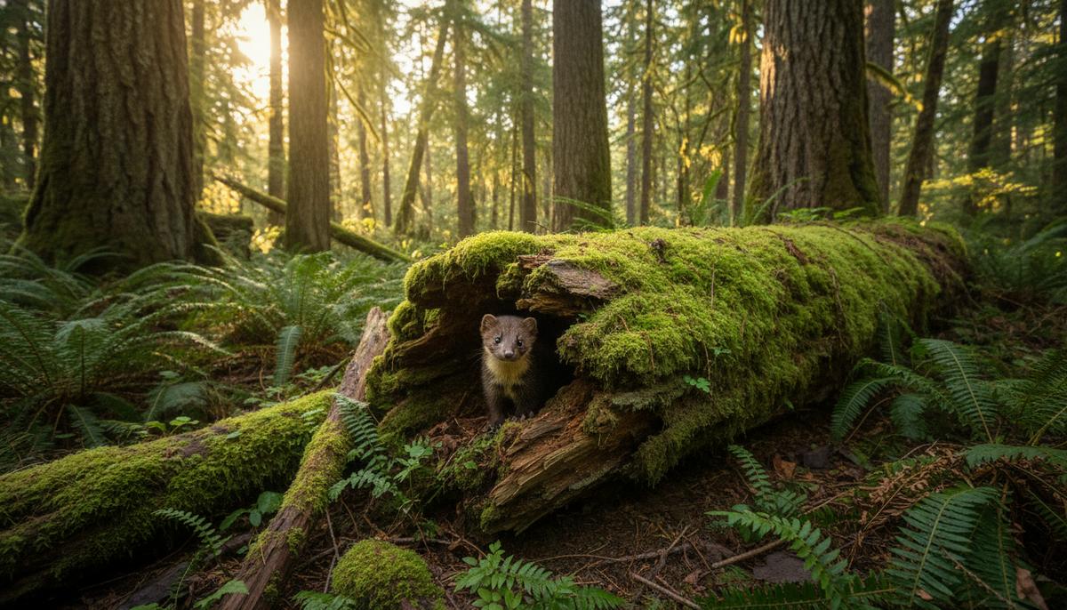 Редкая прибрежная куница с коричневым мехом выглядывает из дупла поваленного, поросшего мхом дерева в густом лесу.