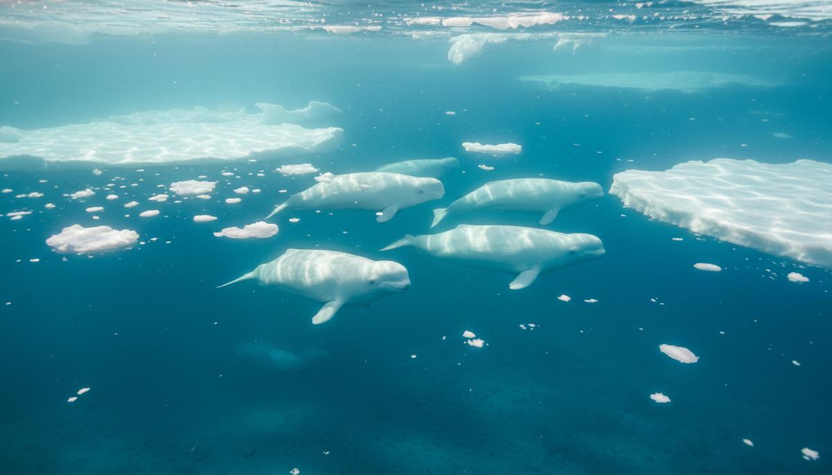 Стая белых китов-белух плывет в холодной чистой воде Бристольского залива среди плавающих льдин.