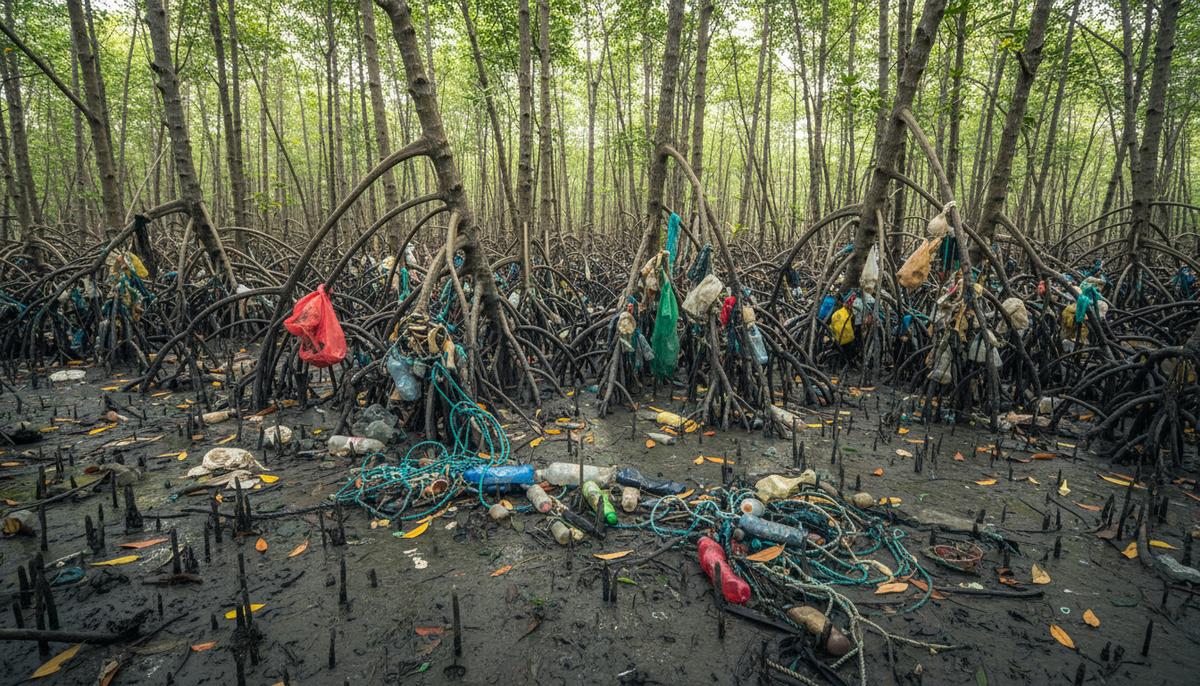 Пластиковый мусор – бутылки и пакеты – застрявший в густых корнях мангровых деревьев на илистом берегу у воды.