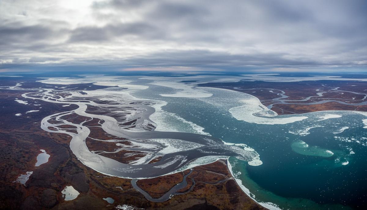 Реки Сибири: неожиданный источник облаков для охлаждения Арктики Широкая сибирская река впадает в Северный Ледовитый океан. На берегах видна тундра, а небо затянуто плотными, низкими облаками.