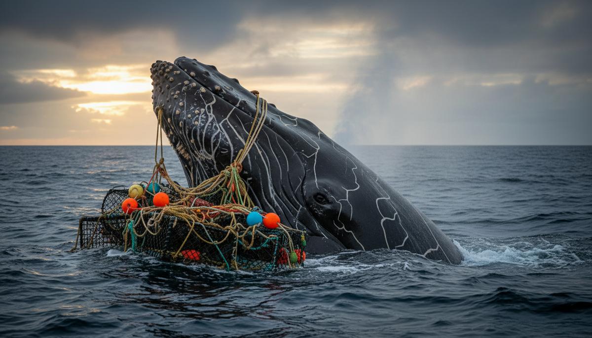 Североатлантический гладкий кит выныривает на поверхность океана рядом с плавающими рыболовными буями и веревками от ловушек.