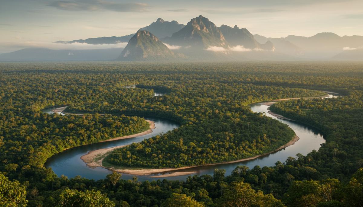 Леса Амазонии и Анд: климат меняет баланс древесных видов Панорамный вид на тропический лес Амазонии у подножия Андских гор. Густые джунгли, извилистая река и туманные горные вершины.