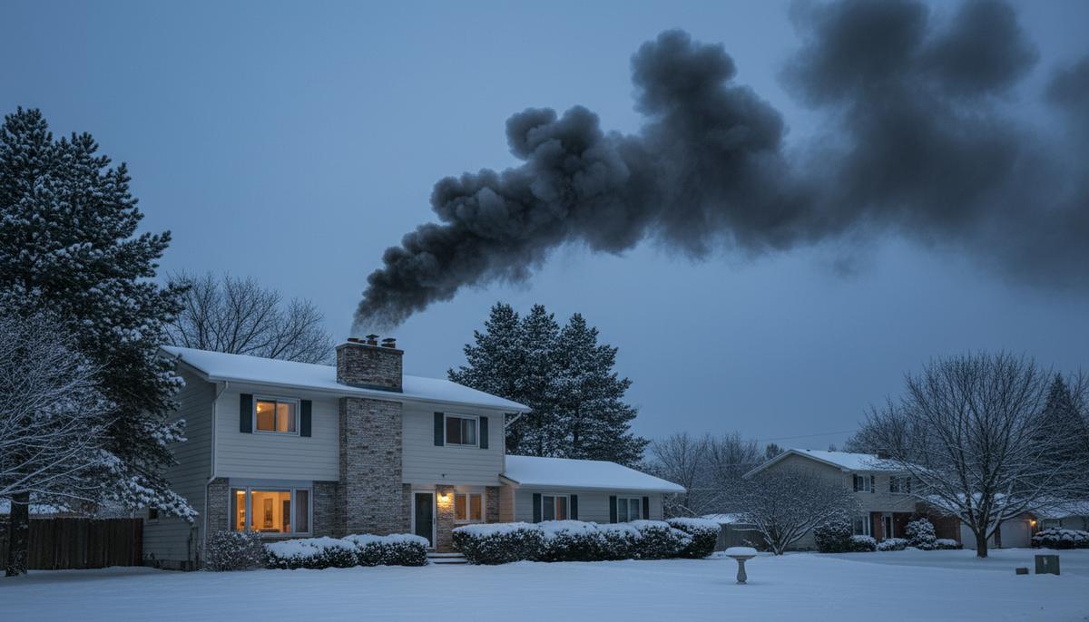 Дым из трубы: скрытая угроза зимнего воздуха в городах Густой серый дым валит из кирпичной трубы жилого дома холодным зимним вечером. Вокруг лежит снег, в окнах горит свет.