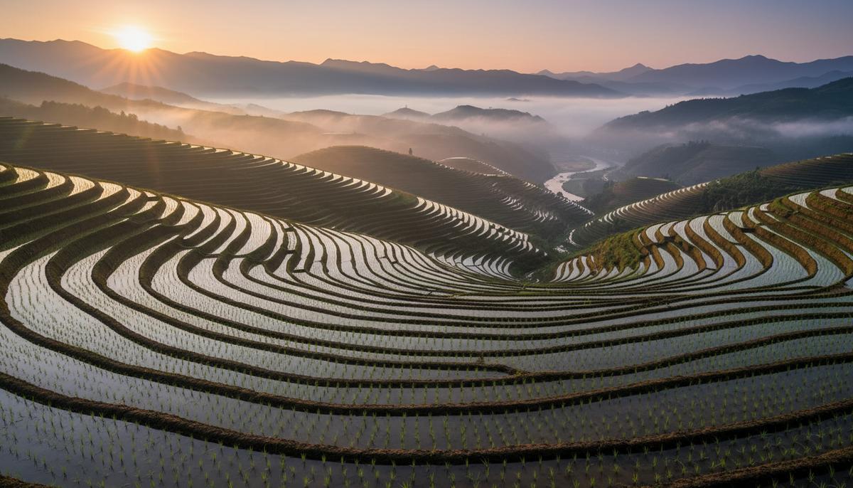 Залитые водой террасные рисовые поля в Китае на рассвете. Из воды пробиваются молодые зеленые ростки риса, над полями стелется утренний туман.
