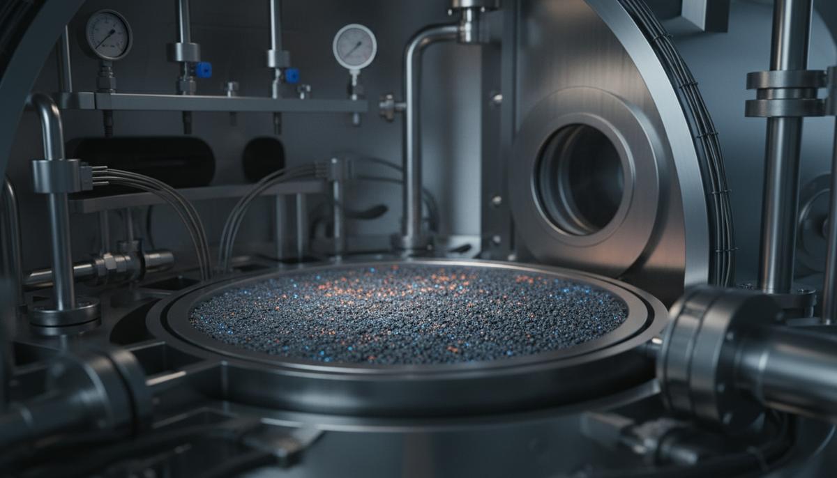 Карбид вольфрама: дешевая замена платине в переработке пластика и CO2 Крупный план серого порошка карбида вольфрама на металлической поверхности внутри научного реактора.