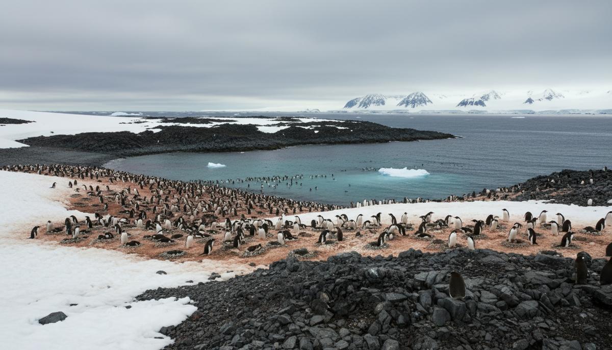 Климат меняет Антарктиду: пингвины начинают размножаться рекордно рано Большая колония пингвинов Адели и генту на каменистом берегу Антарктиды у холодных вод океана.
