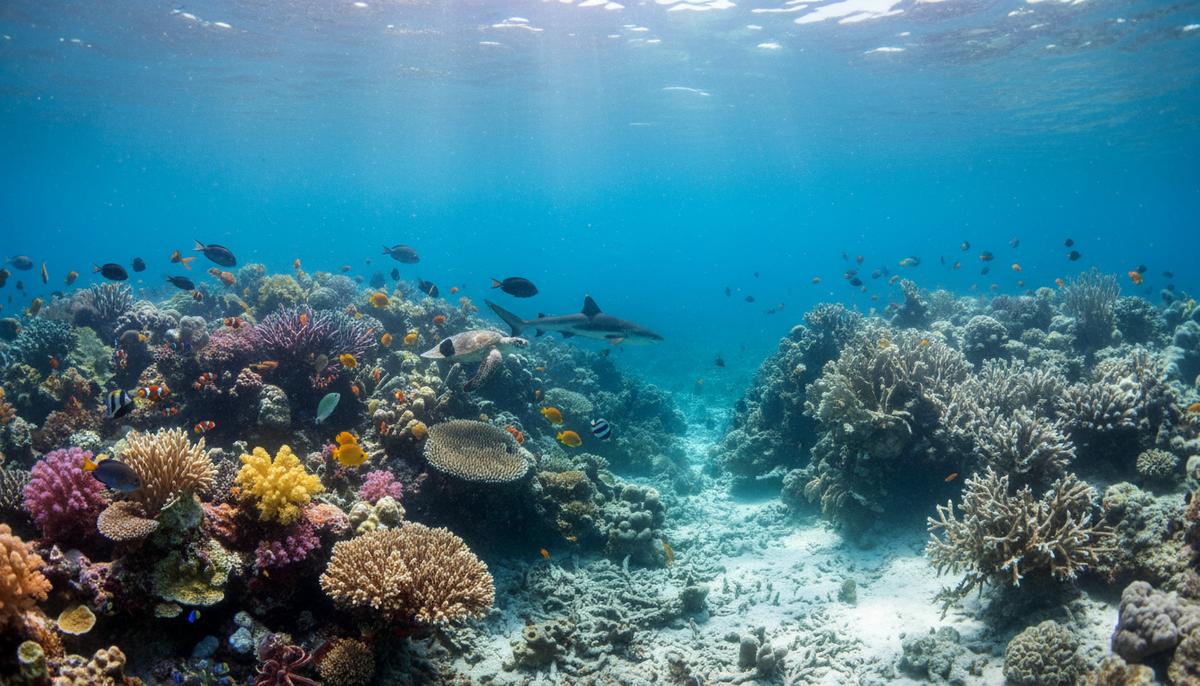 Цена углерода удвоилась: экономисты оценили ущерб мировому океану Подводный вид кораллового рифа, разделенного на две части: одна – яркая и полная жизни, другая – полностью обесцвеченная и мертвая.