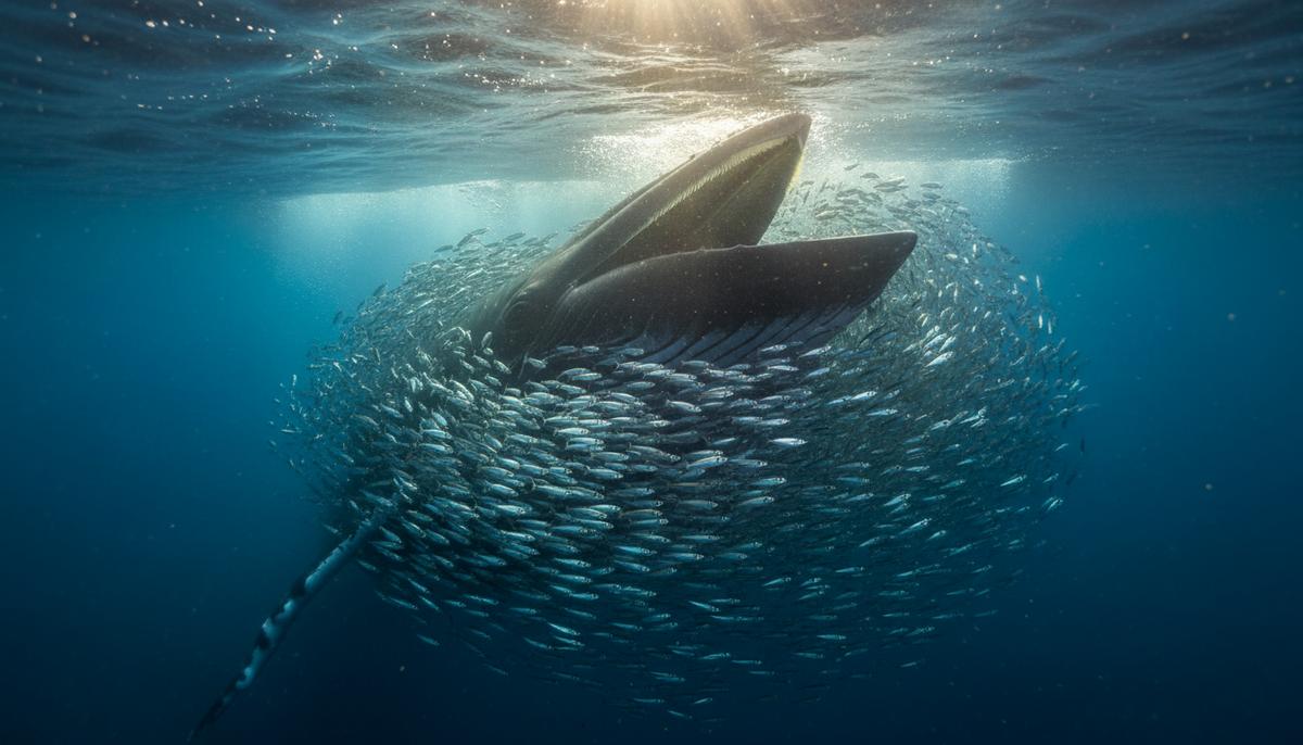 Крупный кит-финвал с широко открытой пастью поглощает стаю мелкой серебристой рыбы в темно-синих водах океана.