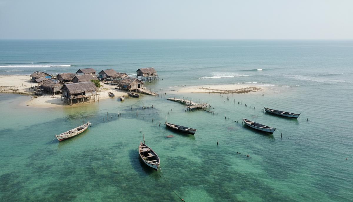 Климатические саммиты в тупике: надежда на региональные альянсы Затопленная прибрежная деревня в Бенгальском заливе. Дома на сваях стоят в воде, рядом заброшенные рыбацкие лодки.