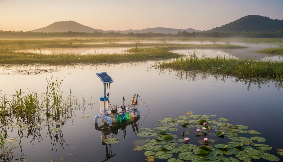 Датчик для мониторинга качества воды в зарослях камыша и кувшинок на восстанавливаемом болоте на рассвете.