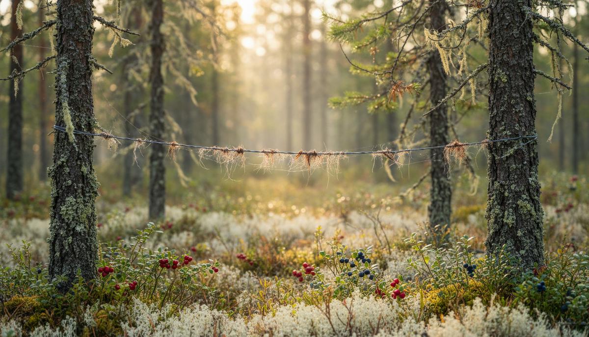 Медведи Карасёка: перепись популяции с помощью ДНК и фотоловушек Проволочная ловушка для сбора шерсти диких животных, натянутая между соснами в густом таежном лесу.