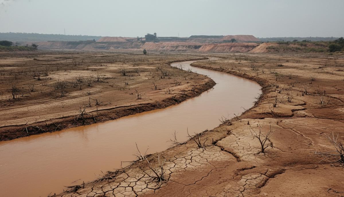 Год после катастрофы в Замбии: токсичное наследие медной лихорадки Река с красно-коричневой водой, отравленной отходами медного рудника. По берегам – мертвая растительность и потрескавшаяся загрязненная почва.